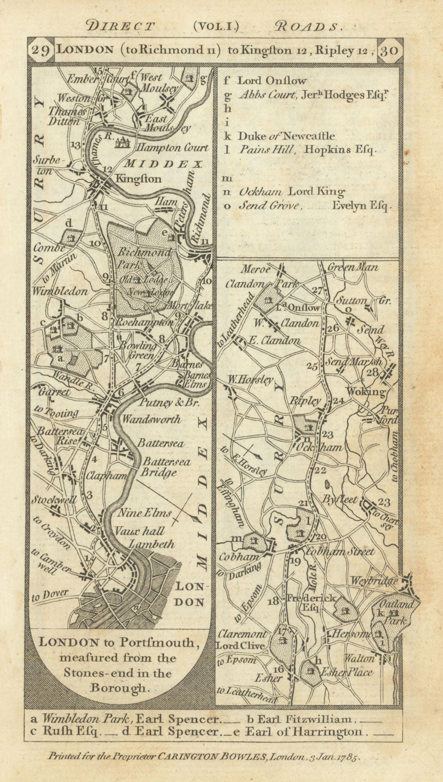 Battersea-Wandsworth-Kingston-Cobham-Woking road strip map PATERSON 1785